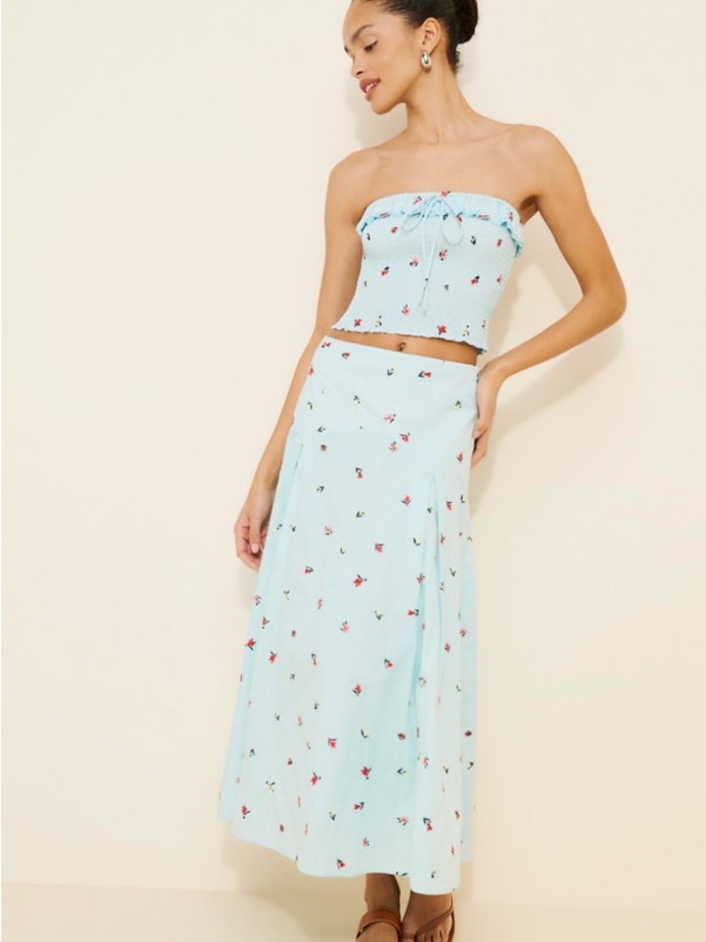 Women's Light Blue Floral Maxi Skirt Set by